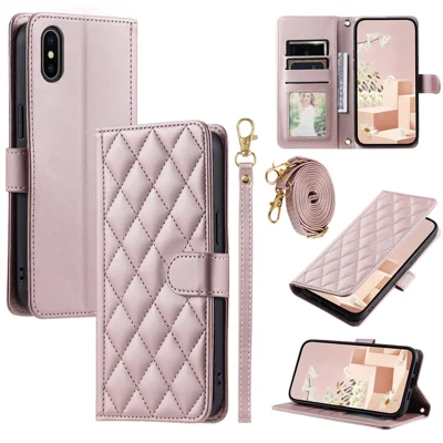 Voor iPhone X / XS Hoesje Ruitvormig Lederen Telefoonhoesje met Portemonnee Stand - Roségoud