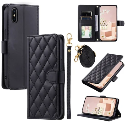 For iPhone X / XS Case Rhombus Grid Leather Phone Cover with Wallet Stand - Black