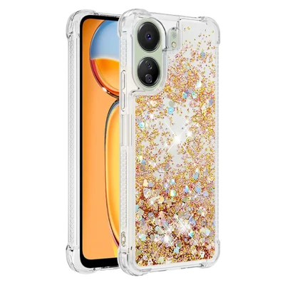 For Xiaomi Redmi 13C 4G / 13C 5G / 13R 5G / Poco M6 5G / Poco C65 4G TPU Case Glitter Quicksand Shockproof Phone Back Cover - Gold / Hearts