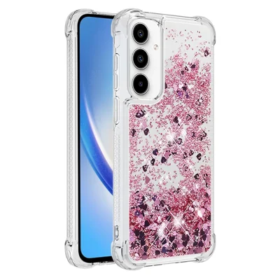 For Samsung Galaxy A35 5G TPU Case Glitter Quicksand Shockproof Phone Back Cover - Rose Gold / Hearts