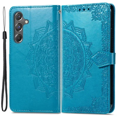 For Samsung Galaxy A15 4G /  A15 5G Case Leather Embossed Mandala Pattern Phone Cover - Blue