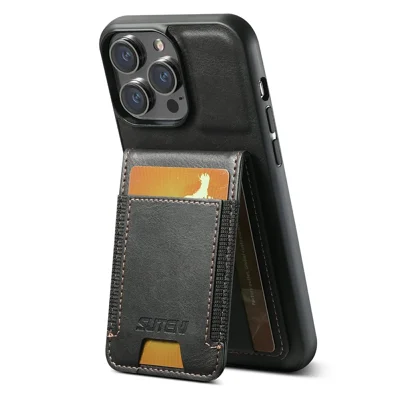 SUTENI H03 For iPhone 15 Pro Phone Case Card Holder Kickstand Protective Cover - Black