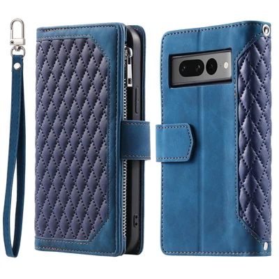 For Google Pixel 9 Pro XL Cell Phone Case Wallet Stand Cover with Rhombus Texture - Blue