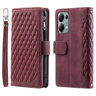 For Xiaomi Redmi Note 13 Pro 4G / Poco M6 Pro 4G Case Zipper Pocket Leather Phone Cover with Wrist Strap - Wine Red