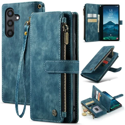 For Samsung Galaxy S24 Phone Cases with Strap CASEME C30 Zipper Multiple Card Holder PU Leather Cover - Blue