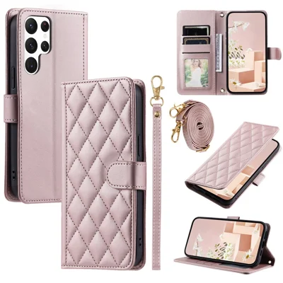 Voor Samsung Galaxy S23 Ultra hoesje portemonnee telefoonhoesje met schouderband en handvanger - Roze goud