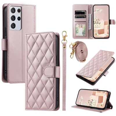 For Samsung Galaxy S21 Ultra 5G Wallet Case Leather Stand Cover Rhombus Grid - Rose Gold