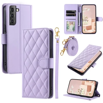 For Samsung Galaxy S21 4G / 5G Leather Case with Straps Wallet Stand Phone Cover - Purple