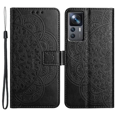 For Xiaomi 12T 5G / 12T Pro 5G / Redmi K50 Ultra Case PU Leather Phone Cover Imprinted Flower Pattern - Black