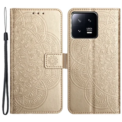 Voor Xiaomi 13 Pro 5G hoesje Beschermend lederen folio telefoonhoesje met bandje - Goud