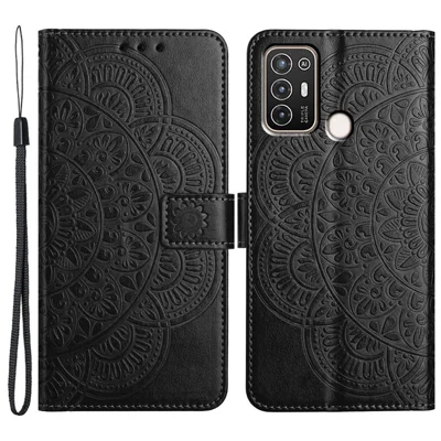 For ZTE Blade A52 Case Mandala Flower Leather Flip Cover with Wallet Stand - Black