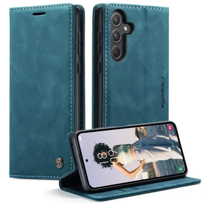 CASEME 013 Series For Samsung Galaxy A55 5G Case PU Leather Stand View Business Phone Cover - Blue