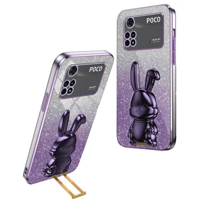 For Xiaomi Poco M4 Pro 4G Case Cartoon Rabbit PC+TPU Phone Cover with Pull-out Kickstand - Purple