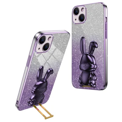 For iPhone 14 Plus Shockproof Cute Rabbit Glitter Case Phone Cover with Kickstand - Purple