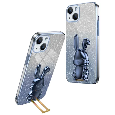 For iPhone 14 Plus Shockproof Cute Rabbit Glitter Case Phone Cover with Kickstand - Blue