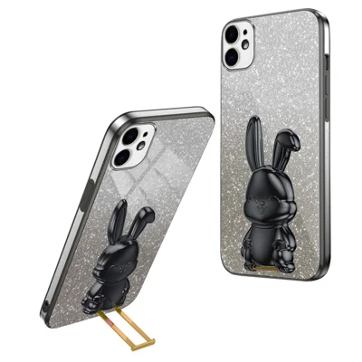 For iPhone 11 Pull-out Kickstand Cartoon Rabbit Case Smart Phone Protector Cover - Black