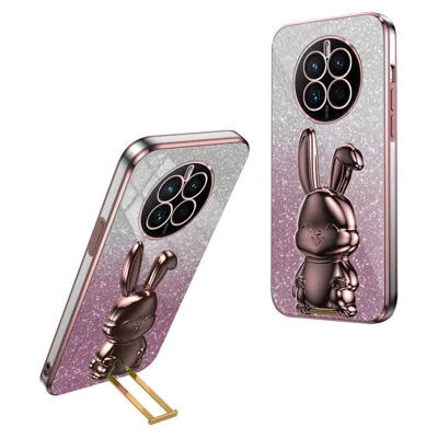 For Huawei Mate 50 4G Case Cute Rabbit Pull-out Kickstand PC+TPU Anti-scratch Phone Cover - Pink