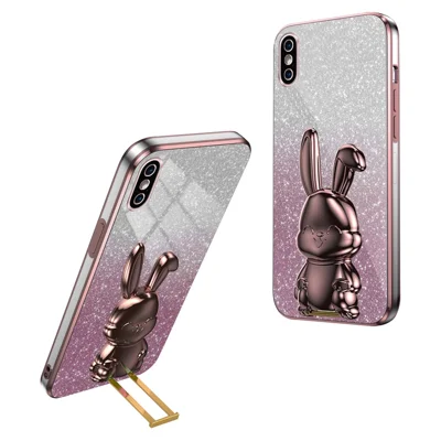 For iPhone XS Max Pull-out Kickstand Phone Cover Fall Protection Rabbit Case - Pink