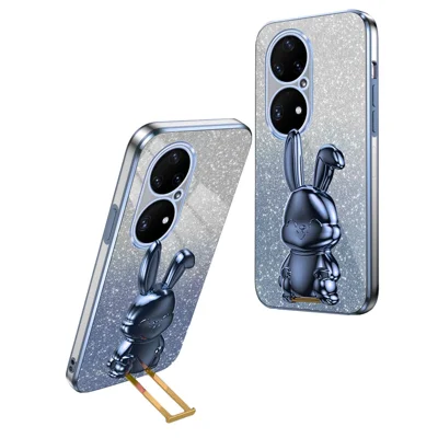 For Huawei P50 Pro 4G PC+TPU Phone Case Glitter Powder Cartoon Rabbit Kickstand Cover - Blue