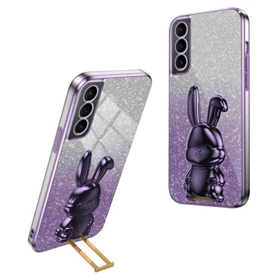 For Samsung Galaxy S21 FE 5G Cell Phone Case Glitter Cartoon Rabbit Cover with Kickstand - Purple