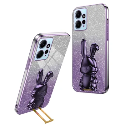 For Xiaomi Redmi Note 12 4G Case Cute Rabbit Anti-shock Phone Cover with Pull-out Kickstand - Purple