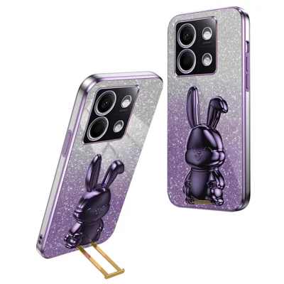 For Xiaomi Redmi Note 13 5G Case Glitter Cartoon Rabbit Anti-fall Phone Cover with Pull-out Kickstand - Purple