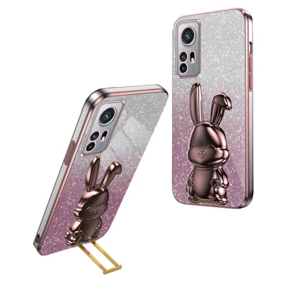 For Xiaomi 12 5G / 12X 5G / 12S 5G PC+TPU Back Shell Lovely Rabbit Cell Phone Kickstand Case - Pink