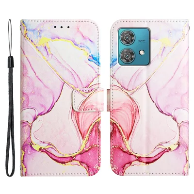 For Motorola Edge 40 Neo 5G Leather Case with Shoulder Strap Marble Pattern Phone Stand Cover - Rose Gold LS005
