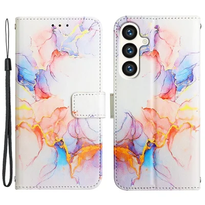 For Samsung Galaxy S24 Leather Case with Shoulder Strap Marble Pattern Phone Stand Cover - Milky Way Marble White LS004
