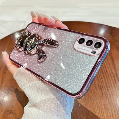 For Motorola Moto G52 4G / G82 5G Slim Case Cute Rabbit Kickstand Phone Protector - Pink