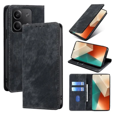 PU Leather Cover for Xiaomi Redmi Note 13 5G Case RFID Blocking Wallet Phone Case - Black