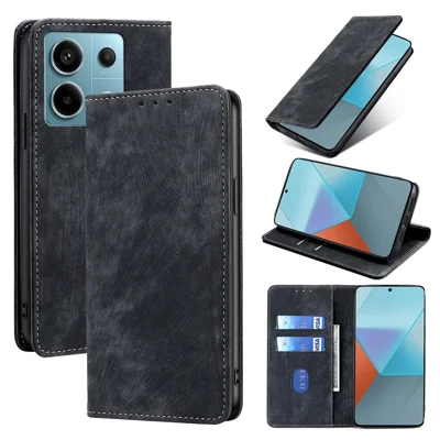 For Xiaomi Redmi Note 13 Pro 5G / Poco X6 5G Protective Case RFID Blocking PU Leather Wallet Phone Cover - Black