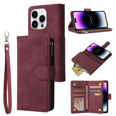 For iPhone 15 Pro Max Cell Phone Case Multiple Card Slots Drop-proof Cover with Zipper Wallet - Wine Red