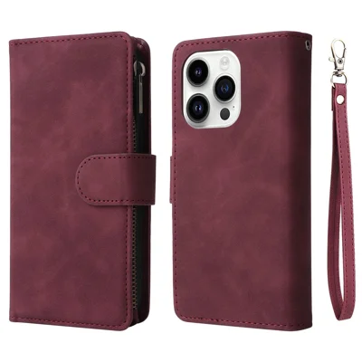 For iPhone 15 Pro Cell Phone Case Zipper Wallet PU Leather Stand Drop Resistant Cover - Wine Red
