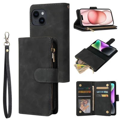 For iPhone 15 Case Multiple Card Slots Drop-proof PU Leather Phone Cover with Zipper Wallet - Black