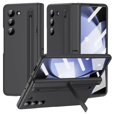 For Samsung Galaxy Z Fold5 5G Full Guard Case Hard PC Kickstand Phone Cover with Glass Film, Stylus - Black
