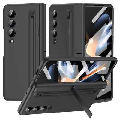 For Samsung Galaxy Z Fold3 5G Case Hard PC+Glass Film Kickstand Phone Cover with Stylus - Black