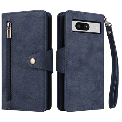 For Google Pixel 8 Stand Cell Phone Cover Wallet Rivet Decor PU Leather Phone Case - Blue