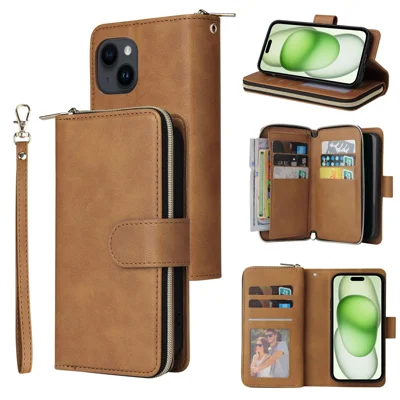 For iPhone 15 Zipper Pocket Case 9 Card Slots PU Leather Wallet Mobile Phone Stand Cover Shell - Brown