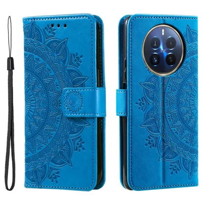 Til Realme 12 Pro 5G / 12 Pro+ 5G Taske med påtrykt blomstermønster, fuld beskyttelse i læder, wallet-taske med rem - Blå