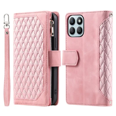 For Honor X8b 4G Wallet Case PU Leather Handbag Zipper Pocket Phone Cover with Strap - Rose Gold