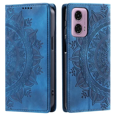 For Motorola Moto E14 4G / G04 4G / G04s 4G / G24 4G Phone Cover Imprinted Flower Pattern Leather Wallet Case - Blue