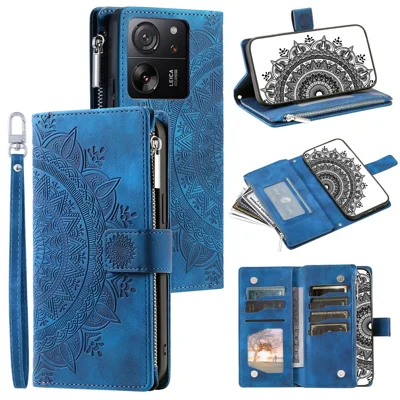 For Xiaomi 13T / 13T Pro / Redmi K60 Ultra Case Mandala Pattern Magnetic Folio Phone Cover - Blue