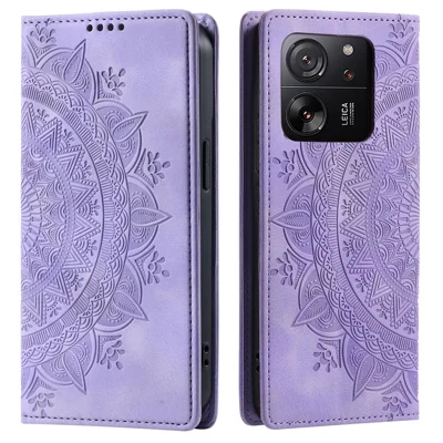 For Xiaomi 13T / 13T Pro / Redmi K60 Ultra Wallet Imprinted Flower Pattern Leather Case Phone Cover - Purple