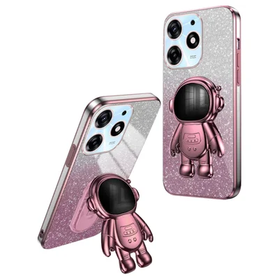 For TECNO Spark 10 Pro Case Electroplating Cartoon Astronaut Phone Back Cover Kickstand - Pink
