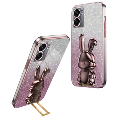 Til Oppo A57 (2022) 5G / A77 5G / Realme Q5i / Realme V23 5G Kanin Telefonbeskyttelse i PC+TPU med ståbøjle - Rosa