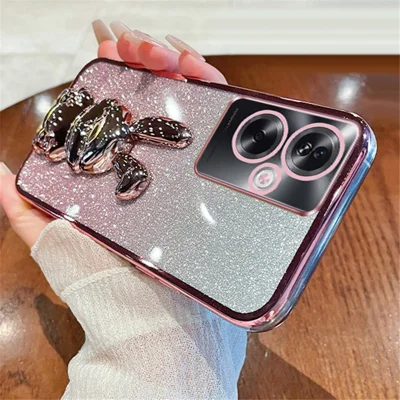 For Oppo A2 5G / A79 5G Cellphone Case Rabbit Design Electroplated PC+TPU Kickstand Cover - Pink