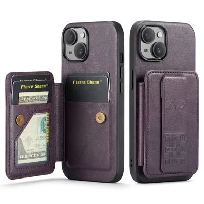 For iPhone 15 Case Waxy Leather+TPU Phone Cover with RFID Blocking Card Slots Kickstand - Purple
