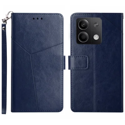 For Xiaomi Redmi Note 13 Pro 4G / Poco M6 Pro 4G Case with Wrist Strap Y Shaped Lines Imprint Leather Phone Cover - Blue