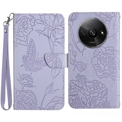 HT03 For Xiaomi Redmi A3 4G / Poco C61 4G Case Butterfly Flower Leather Flip Phone Cover with Hand Strap - Purple